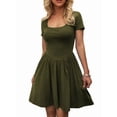 thumbnail image 3 of Women'S Summer Casual Short Sleeve Square Neck A Line Pleated Swing Dresses Short Dress with Pockets Army Green L, 3 of 8