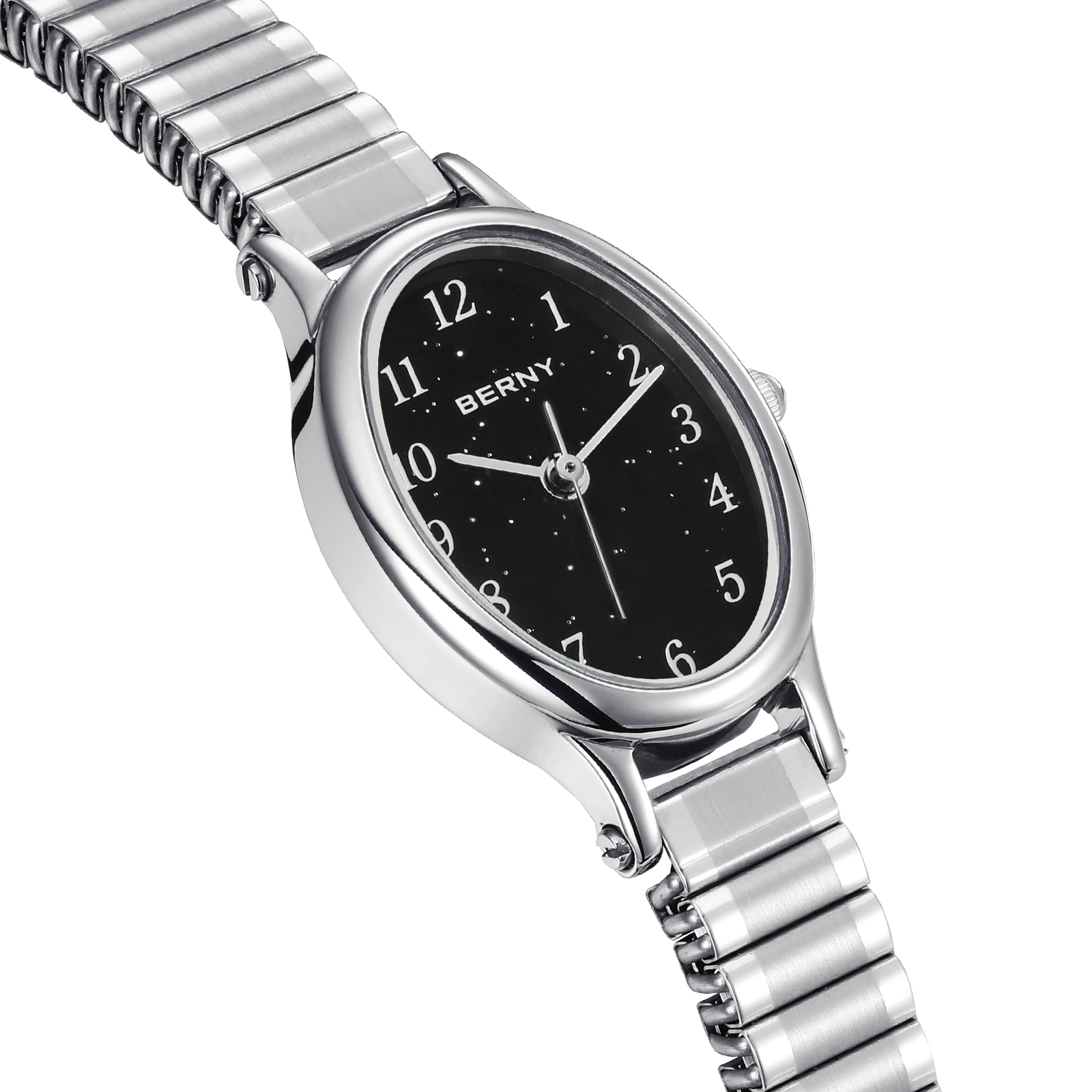 BERNY Small Silver Watches for Women, Dainty Luxury Oval Dial, Expansion Band Watch, Fashion Ladies Analog Quartz Watch, Waterproof Women Wristwatch Gifts, Black