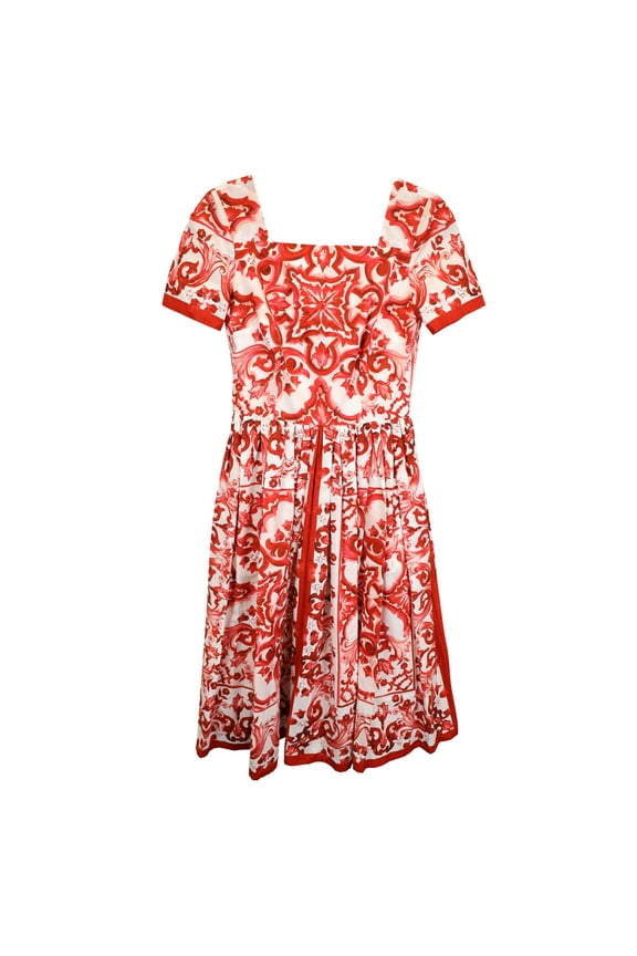 Pre-Owned Dolce & Gabbana Majolica Printed Pleated Midi Dress in Red Cotton