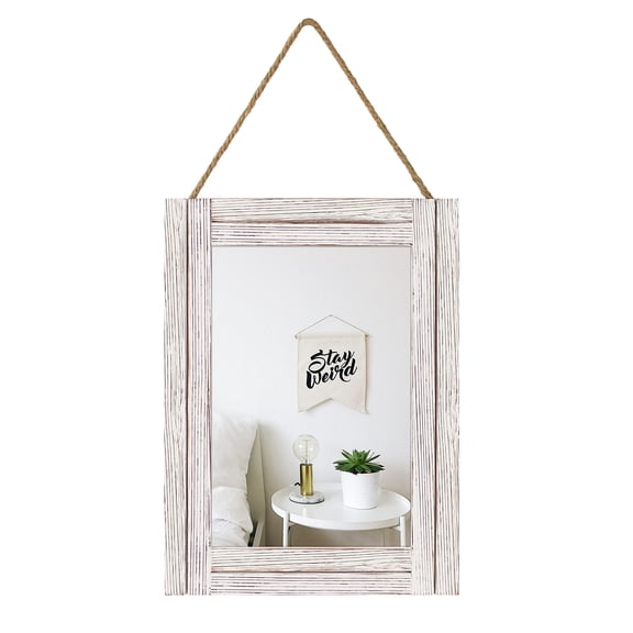 Arikago 16 X 12 Inch Rustic Wood Framed Wall Mirror with Hanging Rope for Farmhouse Dcor, for Entryway, Bedroom, Bathroom, Dresser, Wash White