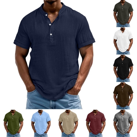 Short Sleeve Linen Shirts for Men Lightweight Casual Beach Summer Tops 3-Button Henley Tees Solid Color (XL, Navy)