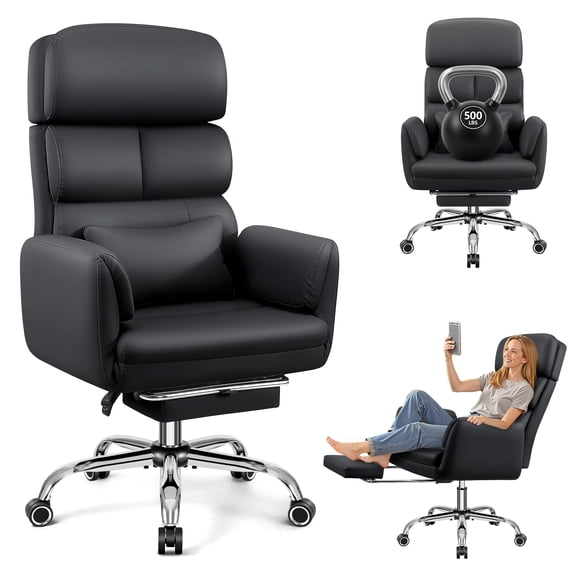 COOLHUT Big and Tall Office Chair 500LBS, Wide Seat Executive Office Desk Chair with Adjuatable Armrests and Headrest, PU Leather Hight Back Computer Chair with Footrest and Lumbar Suppor, Black
