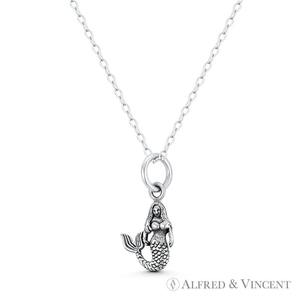 Mermaid / Siren Mythical Creature Charm 19x9mm (0.75x0.35in) Tiny 3D Pendant in Oxidized .925 Sterling Silver