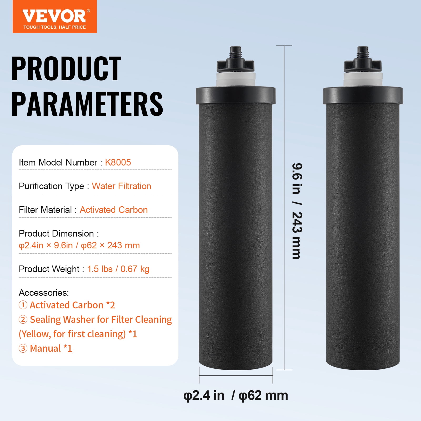 VEVOR Water Filters Replacement, Purification Elements, Activated Carbon Replacement Filters, Easy to Replace Water Filter, Gravity Water Filter System, Compatible with Most Brands, Pack of 2, Black