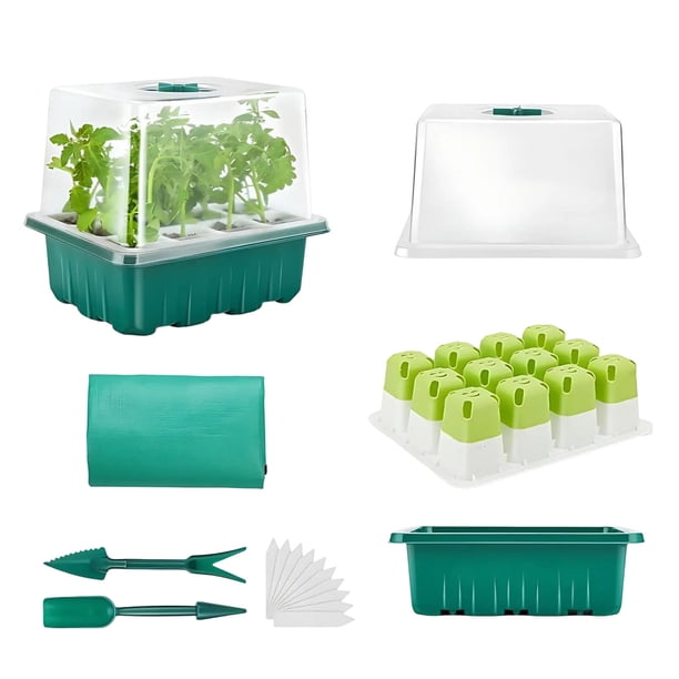 Bandeja de inicio de semillas, bandeja de silicona de 12 orificios con cúpula de humedad y 10 etiquetas, bandejas de inicio de semillas y base Mini kit de germinación de invernadero para el inicio