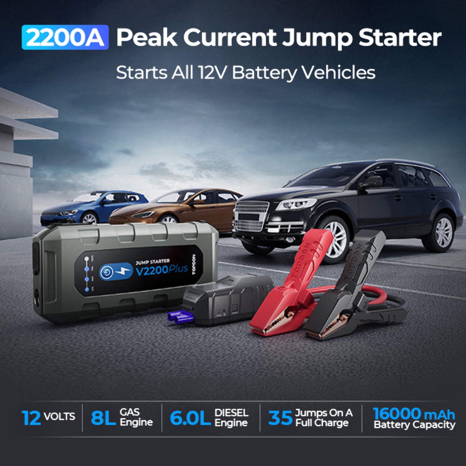 Topdon V2200Plus - 2-in-1 2200 Peak Amp Jump Starter & Battery/System Tester