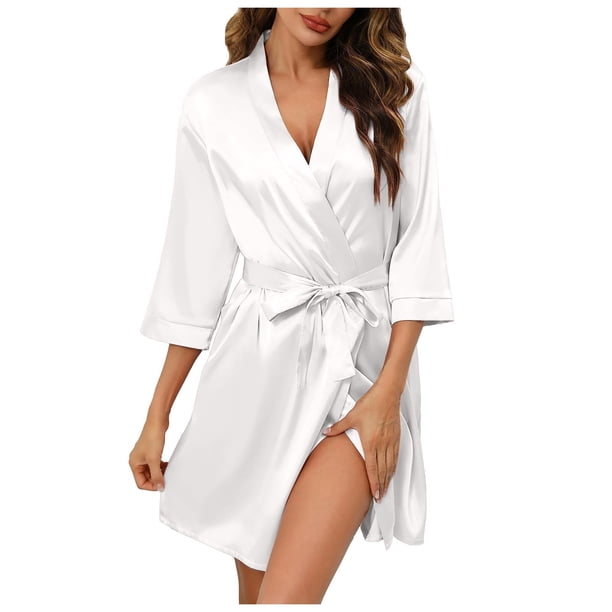 Bata de satén para dama de honor para mujer - Albornoz corto tipo kimono para bodas, cintura ajustable, tallas S-XL