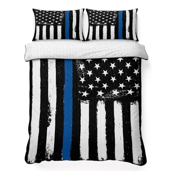 Queen Quilt Set 90''x96'', Blue American Flag Lightweight Bedspread Coverlet Set with 2 Pillow Shams, Black White Stars Stripe US Flag Breathable All Season Quilt Bedding for Bedroom/Guest Room