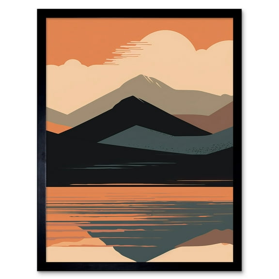 Mountain Hills Reflection in Lake Boho Landscape Art Print Framed Poster Wall Decor 12x16 inch