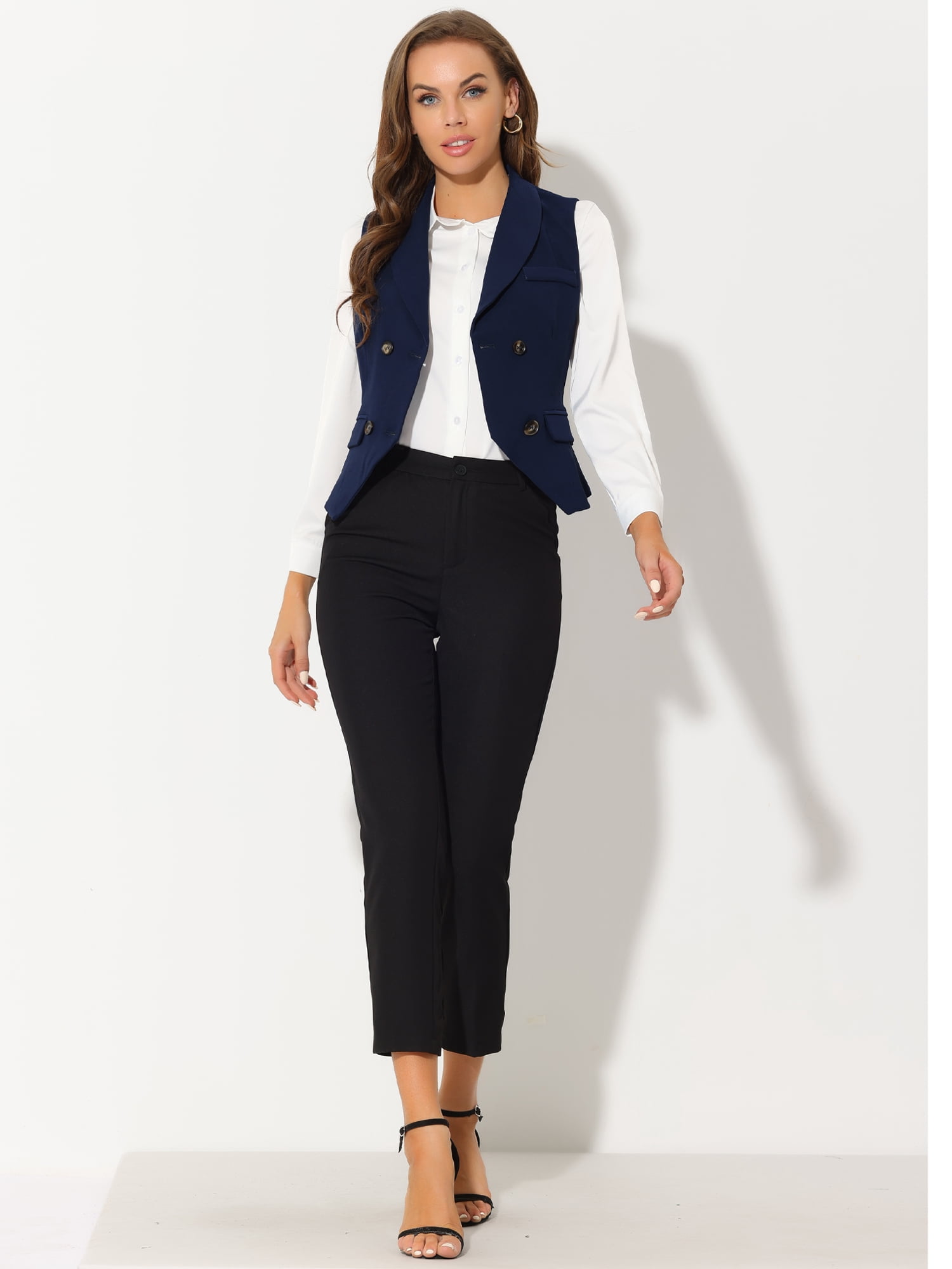 DARING DIVA Women's Waistcoat Double Breasted Shawl Lapel Suit Vest XS Dark Blue