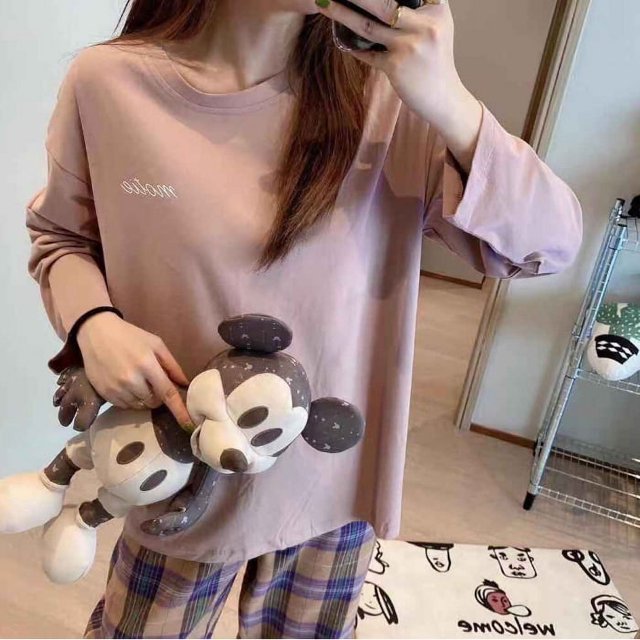 Pijamas a cuadros de otoño para mujer, ropa de casa informal de estilo coreano con dibujos animados, holgados y de manga larga