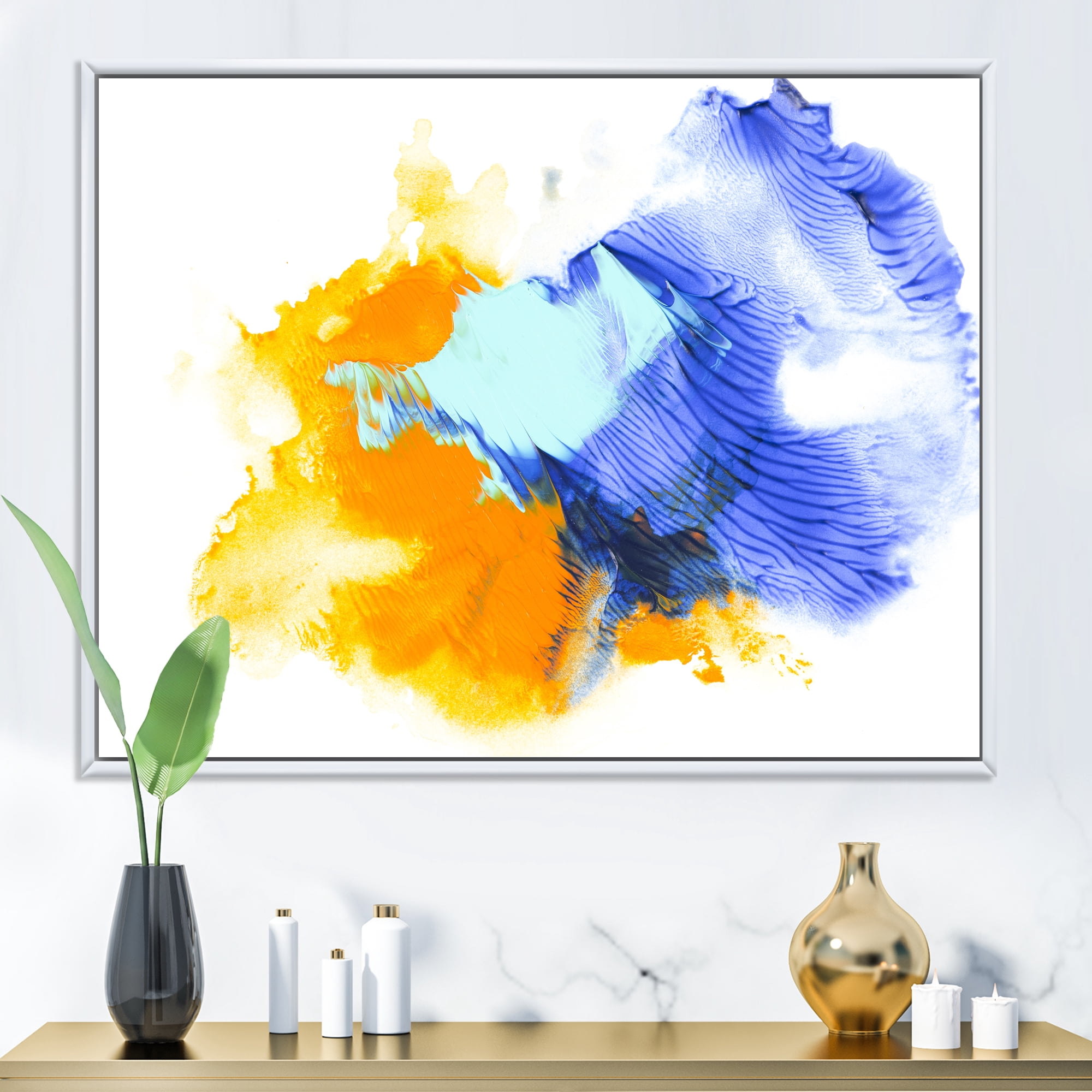 Designart 'Abstract Orange and Blue Clouds' Modern Framed Canvas Wall Art Print