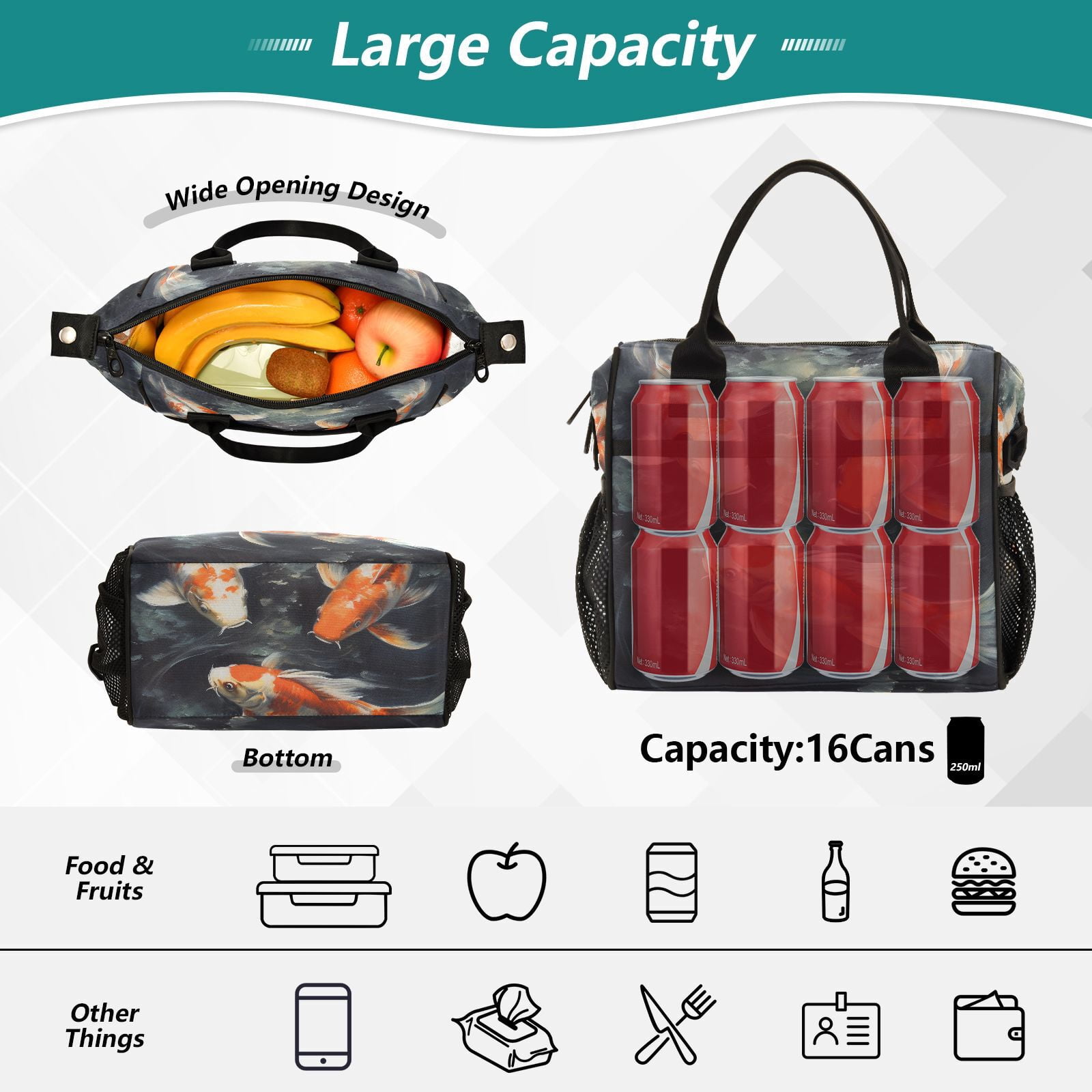 Three Fish Cooler Bag Lunch Bag Soft Cooler Cooling Tote Insulated Lunch Box for Adult Men Women