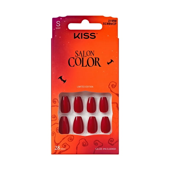 KISS Salon Color Halloween Press On Nails, ‘Phantasmagoric’, Red, Short Coffin, 28 Count