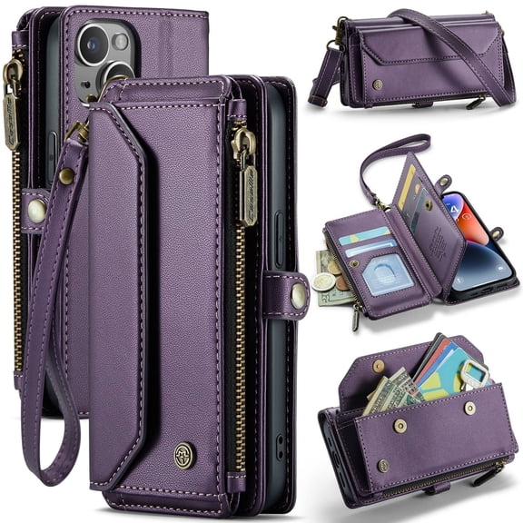 Crossbody for iPhone 14 Case Wallet【RFID Blocking】with 7-Card Holder Zipper Bills Slot, Soft PU Leather Magnetic Shoulder Wrist Strap for iPhone 14 Wallet Case Women