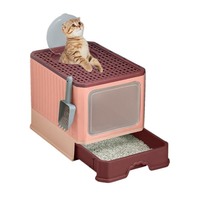 Yiran Fully Enclosed Foldable Drawer Type Cat Litter Box, Pink