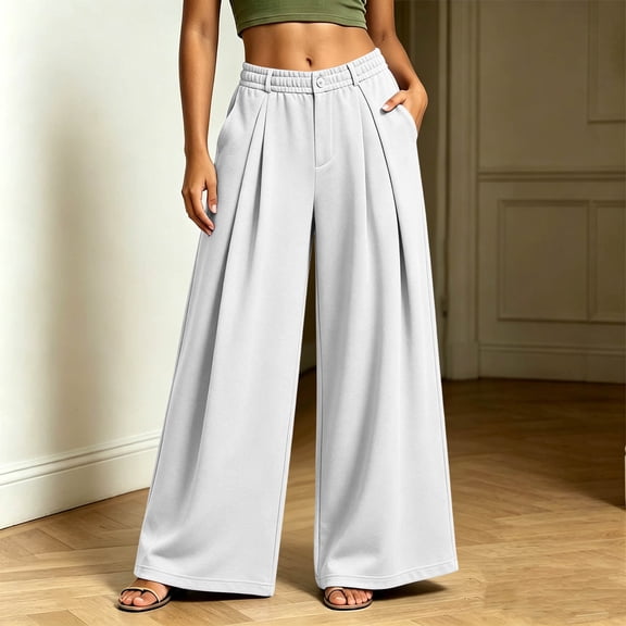 Women's Pleated Front Wide Leg Sweatpants Button Elastic Waist Roomy Side Pockets Flowy Fit for Office Casual Wear White S
