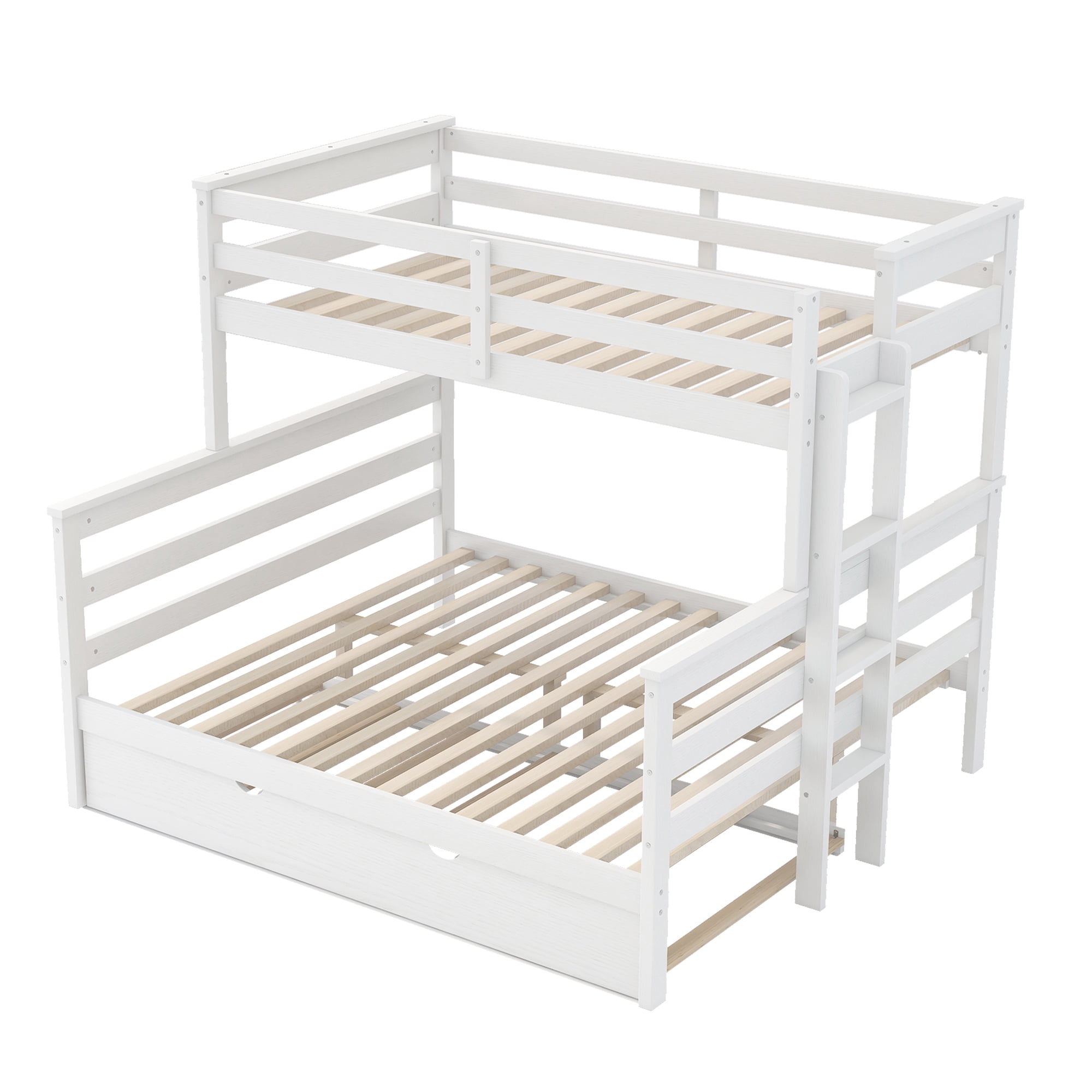 Euroco Wood Twin XL over Queen Bunk Bed with Trundle, 3 Beds in One Design, White