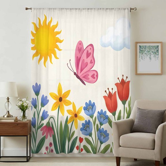 Spring Country Sheer Curtains 96 Inches Long for Living Room, Cartoon Watercolor Sun Butterflies Flowers Light Filtering Privacy Drapes, Breathable Semi Sheer Window Treatment for Bedroom Dining Room