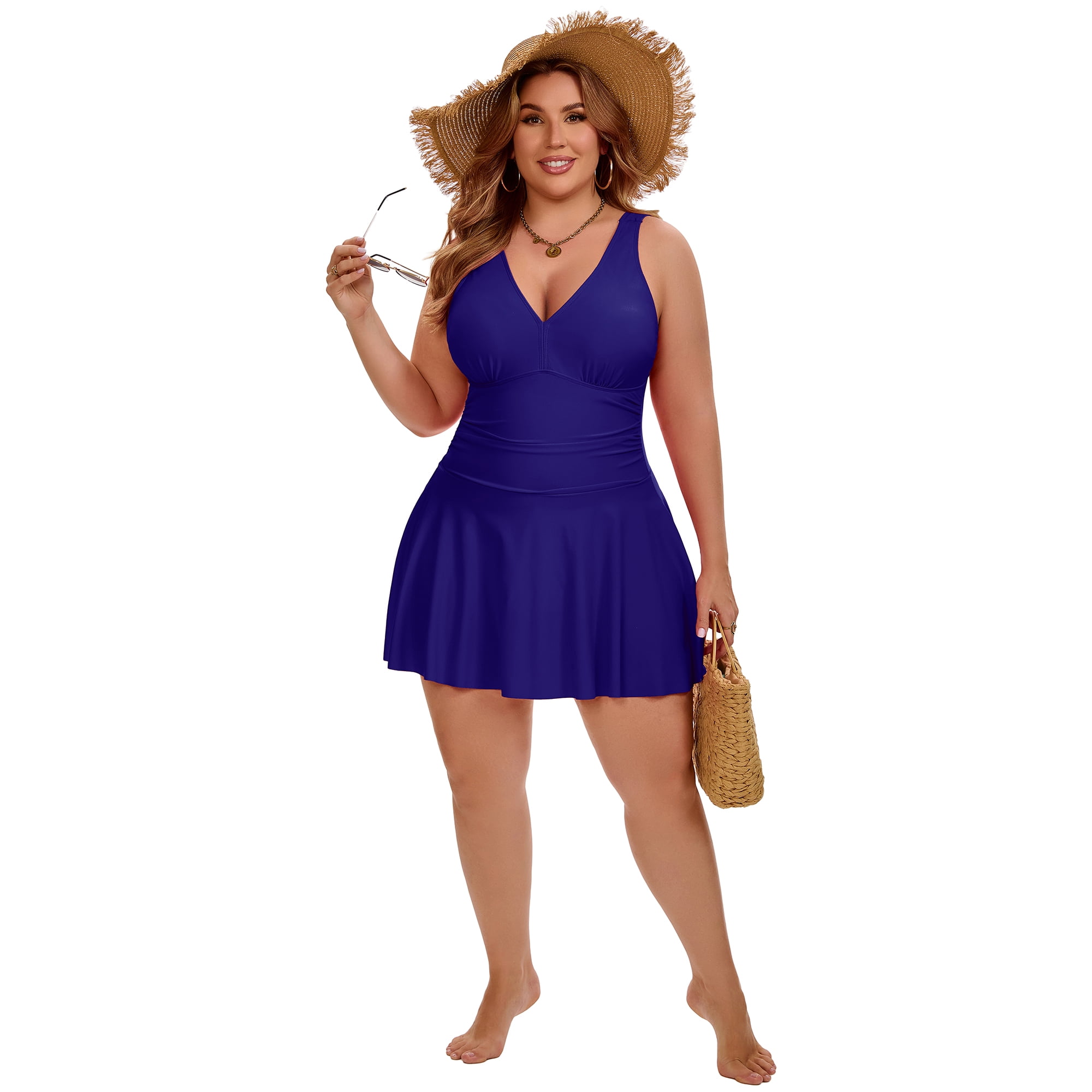DARING DIVA Women's Plus Tummy Control Summer Beach Swimdress 1X Navy Blue