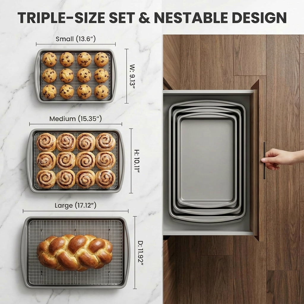 6-Piece Baking Sheet & Cooling Rack Set – Carbon Steel Nonstick, 13/15/17 Inch, Stackable