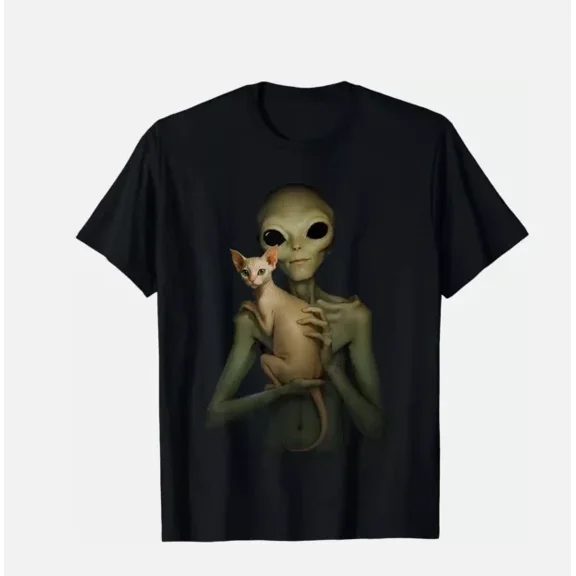 HOT!!! NEW Alien With Sphynx Cat Funny Graphic Tee Unisex Gift T-Shirt S to 5Xl