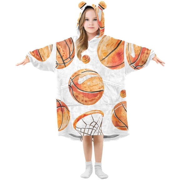Watercolor Basketballs and Hoops Flannel Wearable Blankets Hooded Design Long Sleeves Wrap Unisex for 3T-14Y S