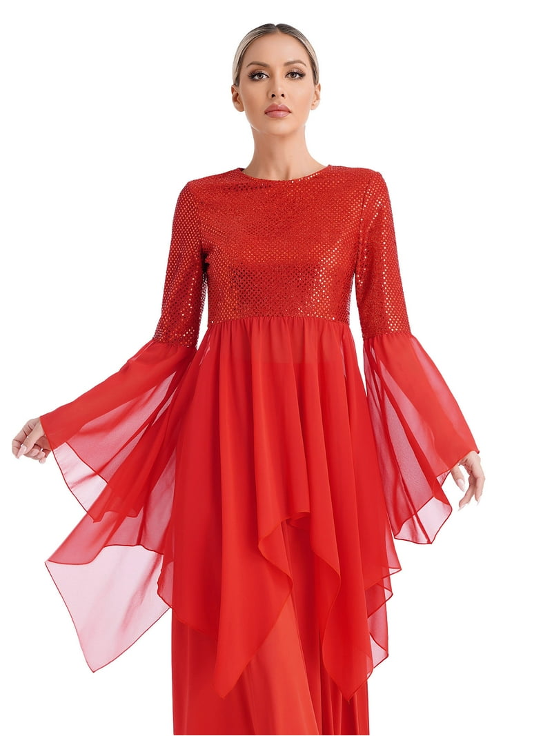 red praise dance dress Zaldita Liturgical Praise Dance Dress for Women Shiny Sequins Lyrical Worship Dance Tunic Red S