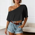 thumbnail image 2 of Bibifish Womens T-Shirts Summer Trendy Off Shoulder Solid Color Tee Shirts Round Neck Short Sleeve Tops Comfort Daily Wear Cropped Blouses, 2 of 4