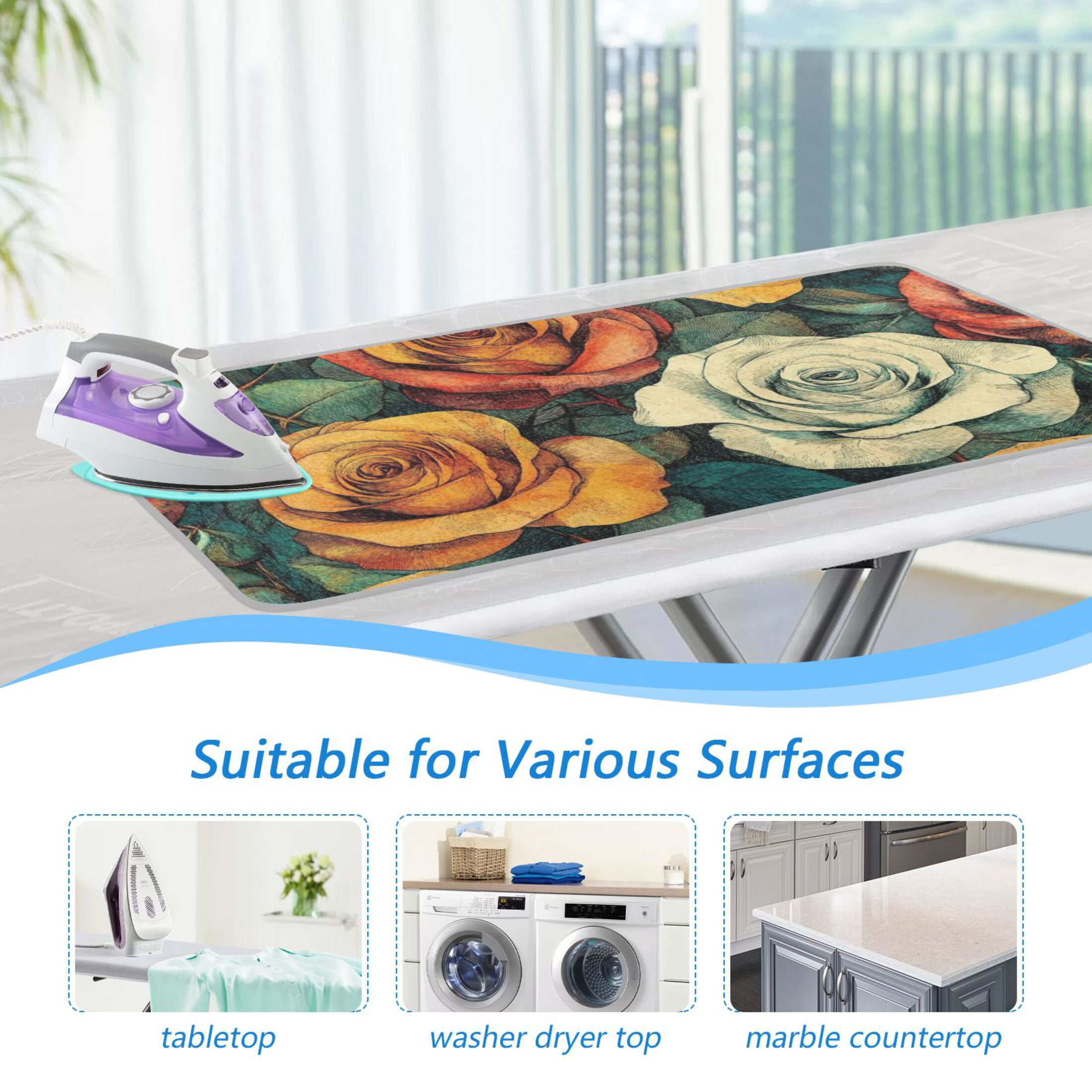 Colorful Flowers and Leave Ironing Mat Blanket for Table Top Travel Portable Ironing Board Pad 47.2x27.6 Inch
