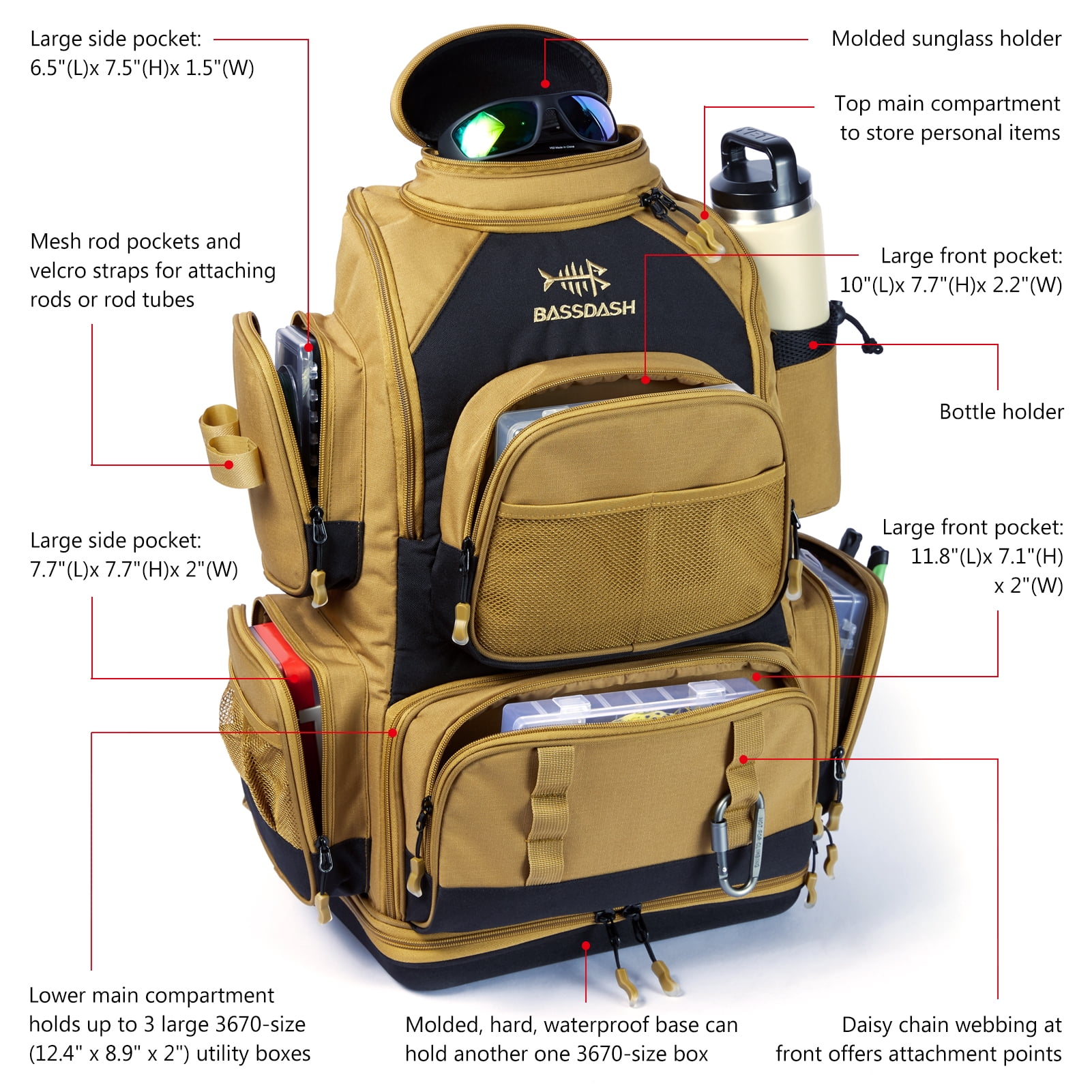 Bassdash Fishing Tackle Backpack Water Resistant Lightweight Tactical Bag Soft Tackle Box with Rod Holder and Protective Rain Cover
