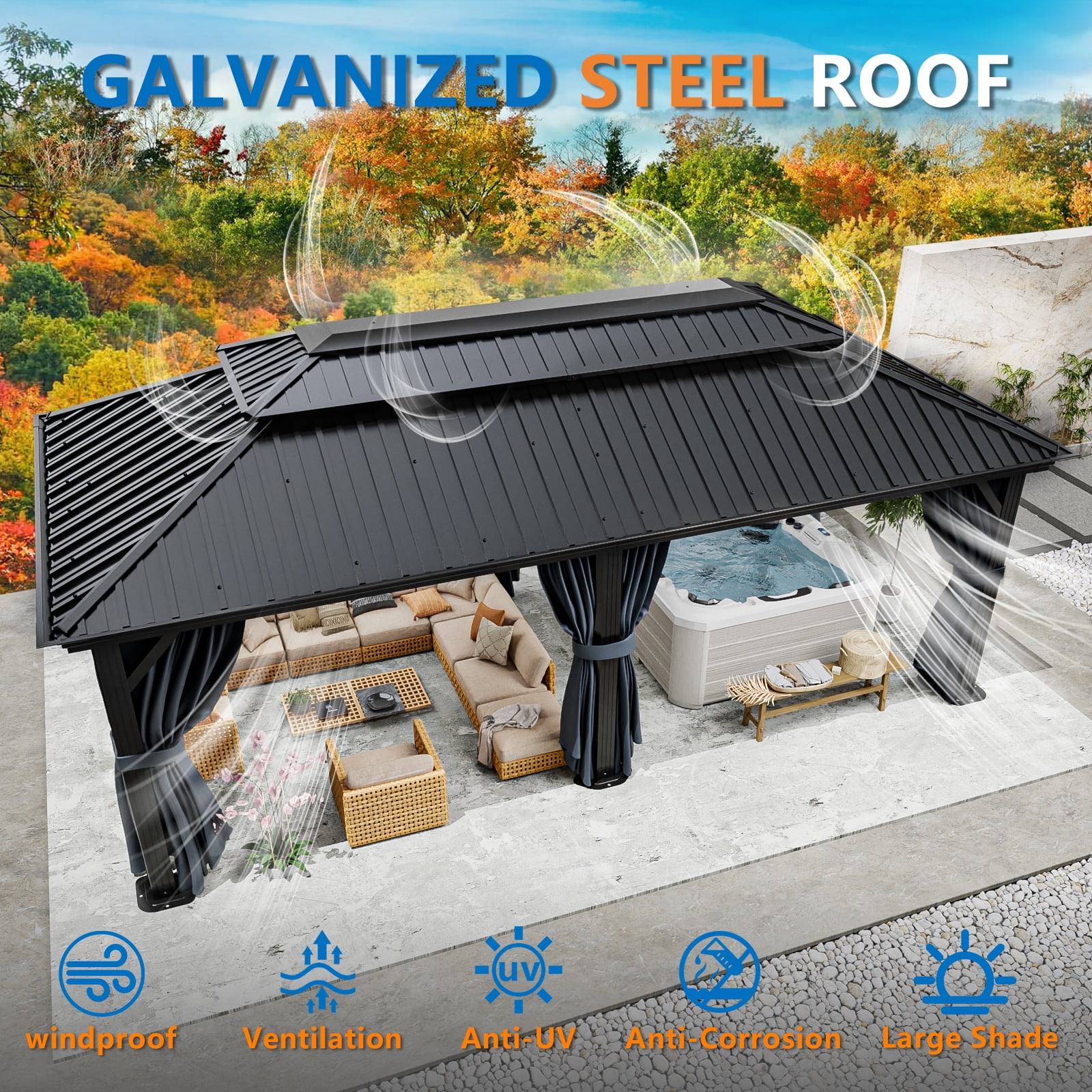 HOTEEL 12x20 Hardtop Gazebo on clearance with Metal Roof & Drainage System, Heavy Duty Galvanized Steel Gazebo with Aluminum Frame, Privacy Curtains and Netting, for All-Weather, Black