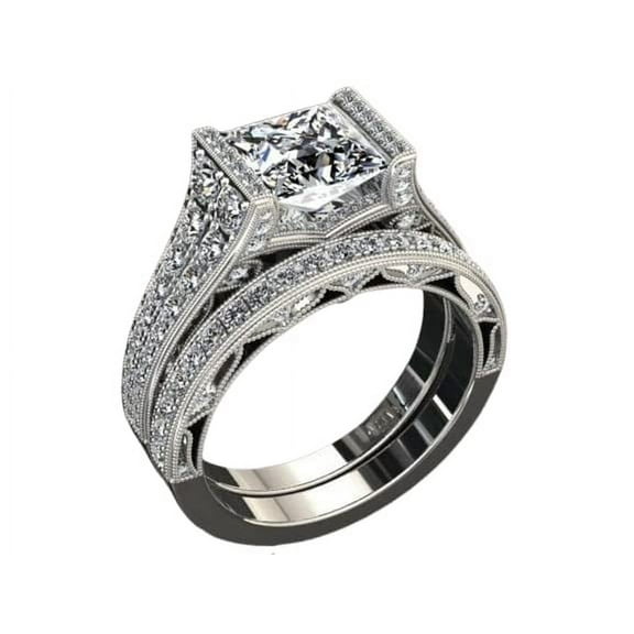 HeartsAndYou 5ct Princess Cut Moissanite Dual Row Solitaire Bridal Set Ring 18k White Gold Over Silver