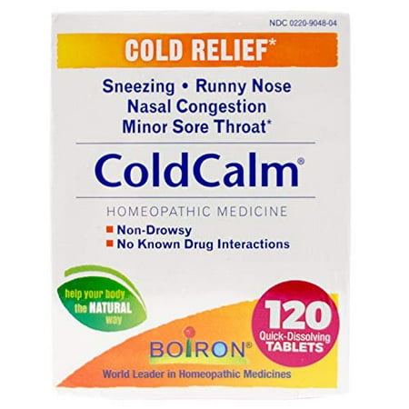 120ct Boiron Coldcalm Tablets for Cold Relief  60 Count (Pack of 2) Unlike conventional medications that mask full-blown symptoms  Boiron Cold calm tablets target specific cold symptoms at the onset  established and resolution stages of the common cold. This homeopathic cold relief medicine is easy to take at first sign to relieve sneezing  runny nose  nasal congestion  and minor sore throat pain. The tablets dissolve quickly under the tongue without water  chewing  or swallowing pills. It s non-drowsy and does not interact with other medications or supplements. Cold calm is not habit-forming and there s no risk of a rebound. It won t mask symptoms of a more serious condition. Recommended for everyone ages 3 and up  It s available over the counter in a box of 60 unflavored tablets. The cold calm line includes slightly sweet melt-away pellets for children and liquid doses for babies. Also try Oscillococcinum for flu symptoms and the Chestal cough Syrup line. Claims based on traditional homeopathic practice  not accepted medical evidence. Not FDA evaluated. Homeopathic multi-symptom cold relief medicine. Non-drowsy  non-habit forming. No risk of a rebound effect or interaction with other medications or supplements. Won’t mask symptoms of a more serious condition. Dissolve quickly under the tongue without water  chewing  or swallowing pills. Recommended for everyone ages 3 and up. Available over the counter in a box of 60 unflavored tablets. Available as slightly sweet melt-away pellets for children and liquid doses for babies. Also try Oscillococcinum® for flu symptoms and the Chestal® cough syrup line.