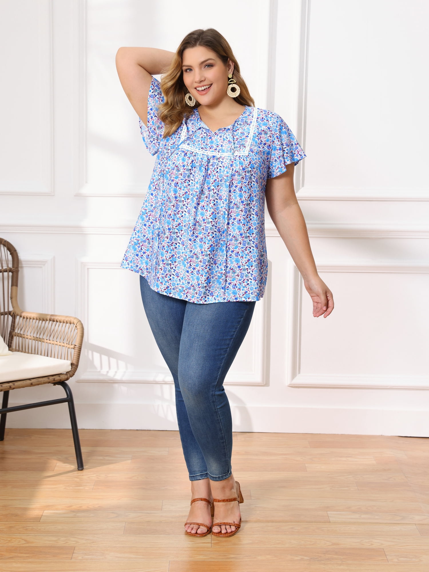 DARING DIVA Women's Plus Floral Tie Neck Blouse with Ruffle Sleeve 2X Sky Blue