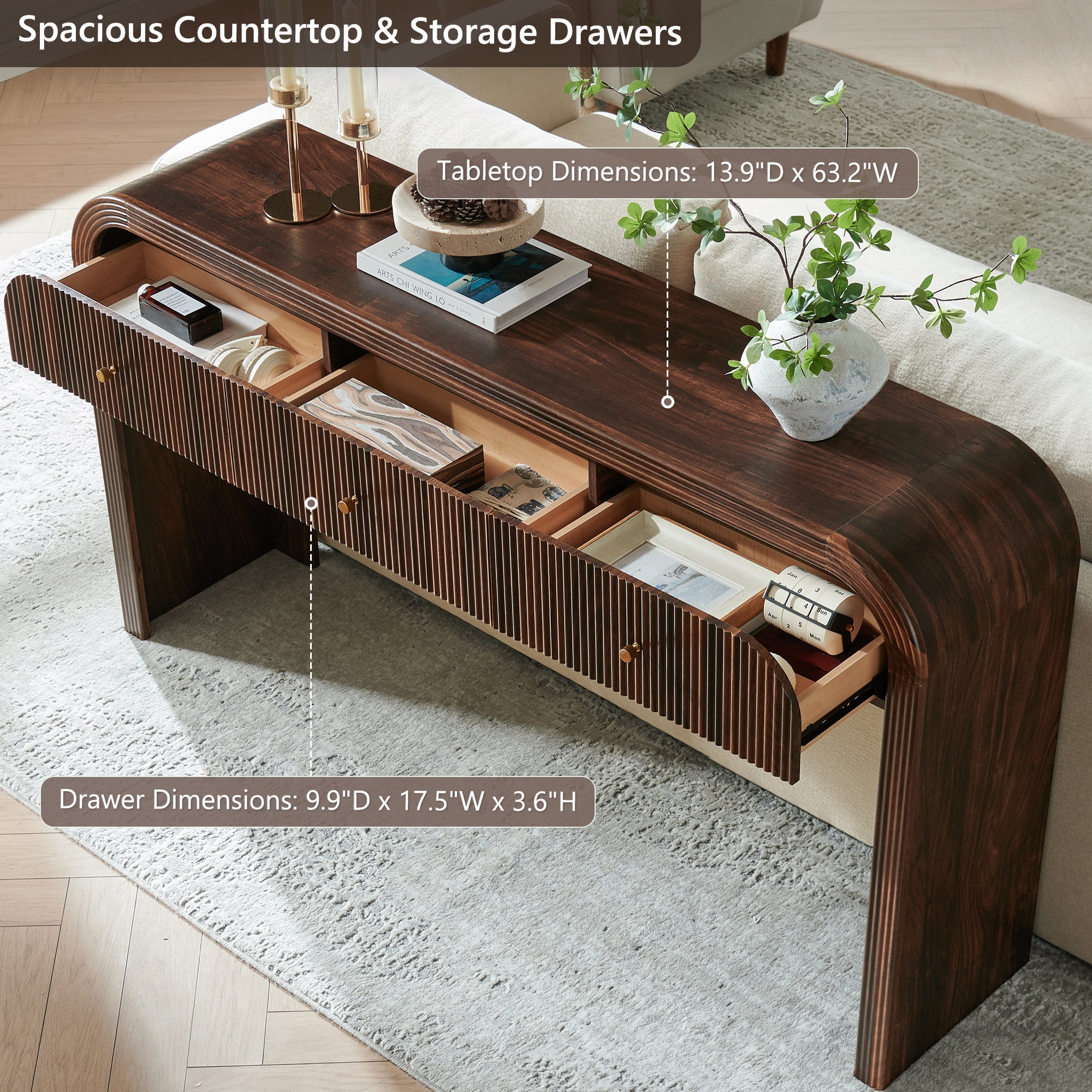 KeyWhat 63" Modern Fluted Console Table with 3 Drawers, Curved Edges & Anti-Tip Safety Kit
