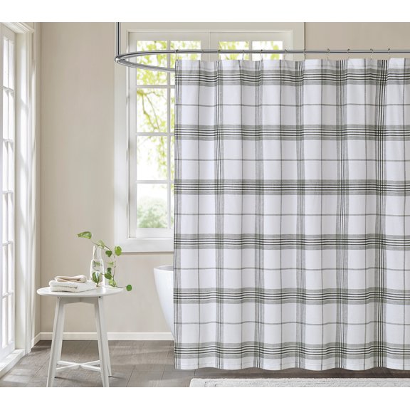 Cottage Classics Cottage Plaid White and Black Cotton 1-Piece Shower Curtain Shower Curtain, plaid themed, for Men and Women, OEKO-TEX Certified Confidence