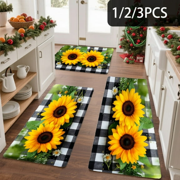 3PCS Kitchen Mat set, Welcome Door Flannel Rug,Home Decor for Front Door,Kitchen, Bathroom, Sunflower On Black White Check ,Great gift for Family and Friends.