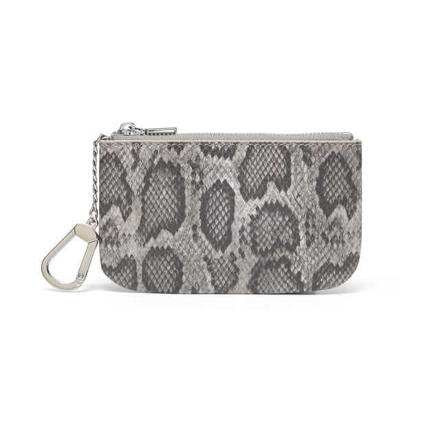 Daisy Rose Luxury Coin Purse Change Wallet Pouch for Women - PU Vegan Leather Card Holder with Oversized Metal Keychain and Clasp - Grey Snake
