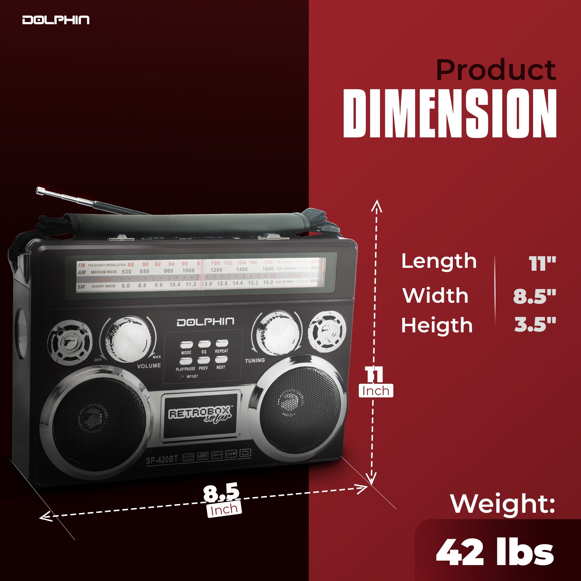 Dolphin SP-420BT Solar Portable Bluetooth Radio with MP3, LED Flashlight - Black