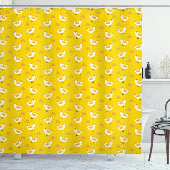 Polka Dot Shower Curtain, Pattern with Cartoon Chicken and Haystack on Yellow Background, Fabric Bathroom Set with Hooks, 69W X 70L Inches, White Yellow Earth Yellow, by Ambesonne