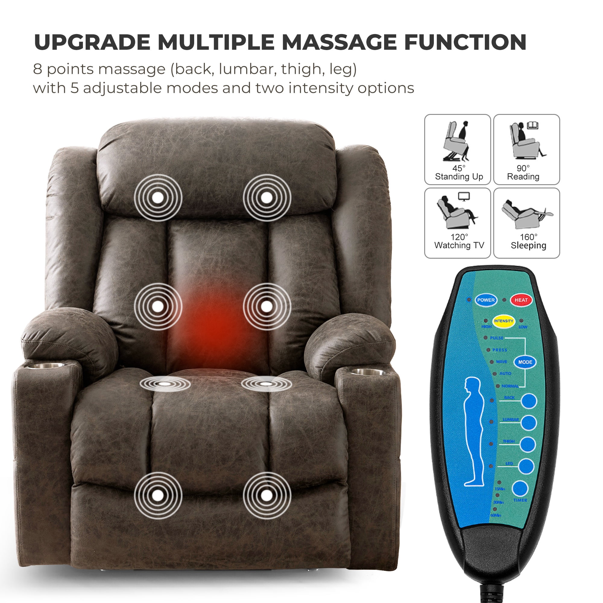 JULY'S SONG Large Power Recliner Chair with Massage and Heat, Overstuffed Wide lift chairs for elderly , Electric Oversized Recliners for Adults, Vegan Leather Grey