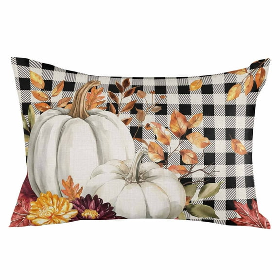 White Pumpkin Fall Throw Pillow Cover 12 x 20 Inch Decorative Pillow Cover Thanksgiving Eucalyptus Leaves Black Plaid Lumbar Pillowcase Seasonal Rectangle Cushion Case for Couch Sofa Bed Living Room
