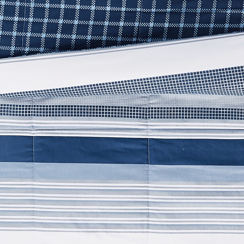 My World Mason Stripe Blue  and  White Polyester 3-Piece Twin Quilt Set, stripe themed, for Kids, OEKO-TEX Certified