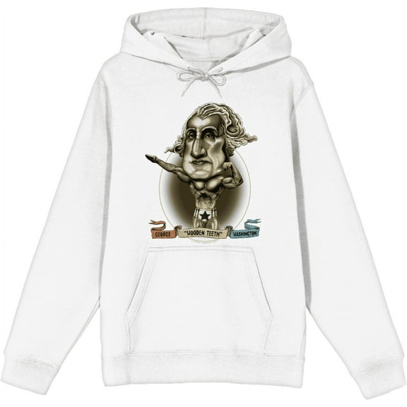 Muscular George Washington Caricature Adult White Long Sleeve Hoodie-XXL