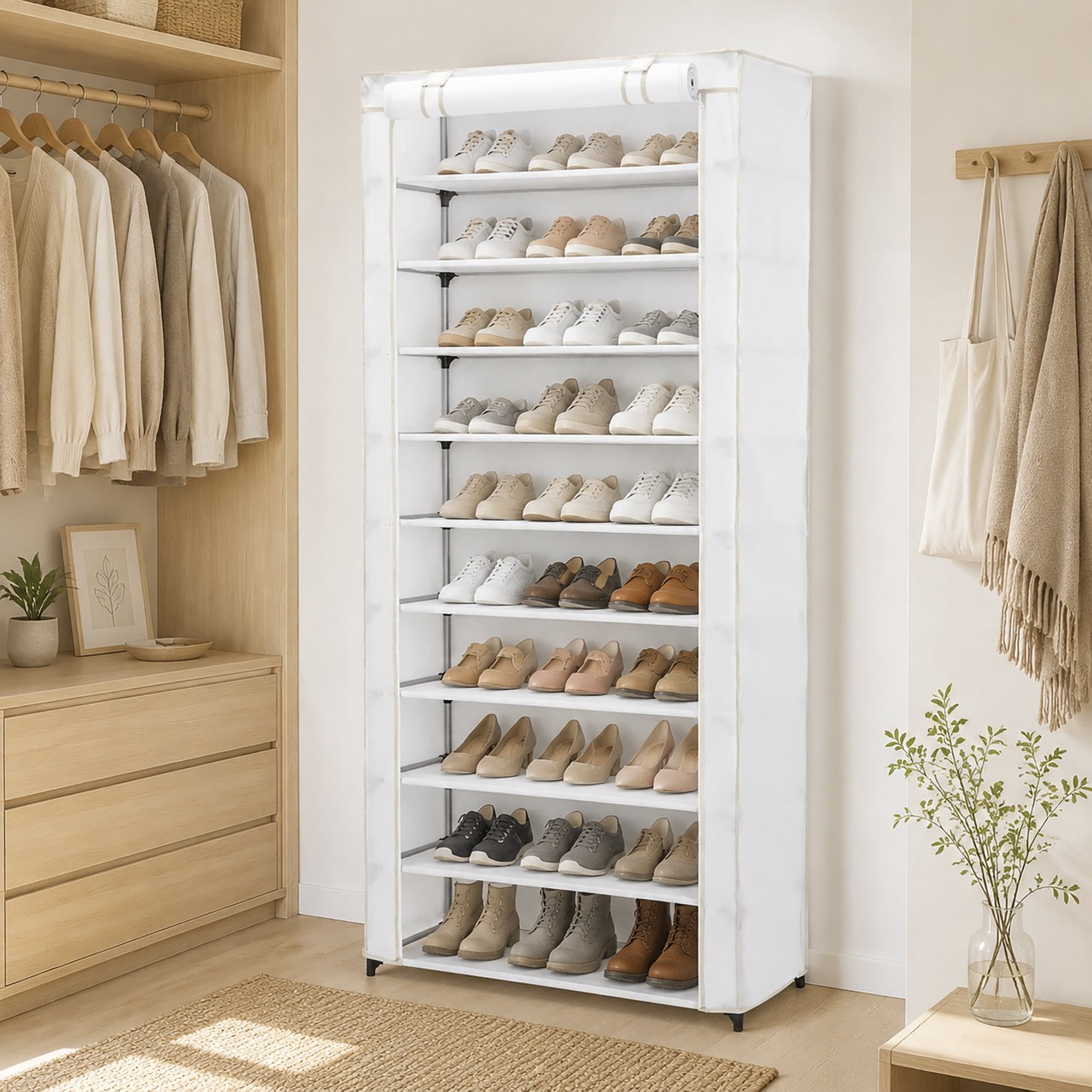 Mainstays 10-Shelf Shoe Organizer Rack with Cover, Holds 30 Pairs, White