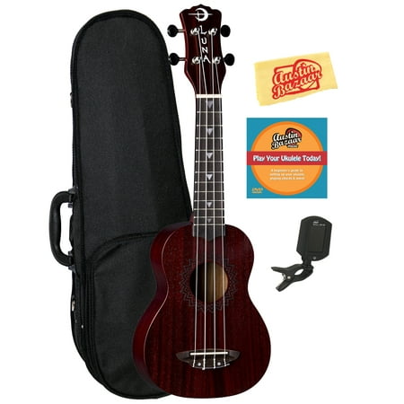 Luna Vintage Mahogany Soprano Ukulele - Red Satin Bundle with Hard Case, Tuner, Austin Bazaar Instructional DVD, and Polishing Cloth