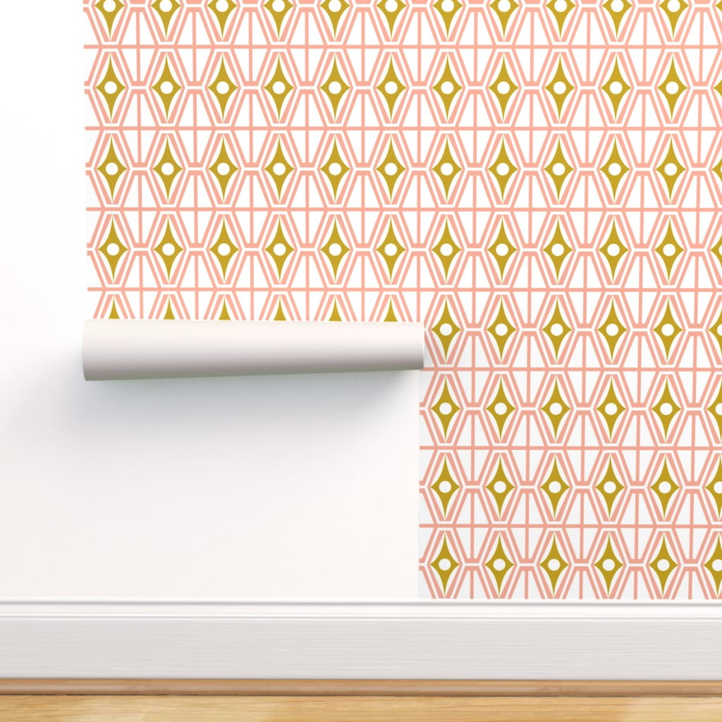 Removable Water-Activated Wallpaper Geometric Geo Retro Vintage Green Yellow
