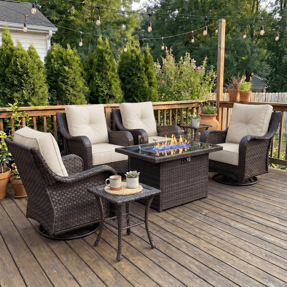 LayinSun 7 Pieces Patio Furniture Sets with Fire Pit Table, Outdoor Wicker Conversation Set with Swivel Chairs and 6" Thick Cushion for Deck Garden Backyard