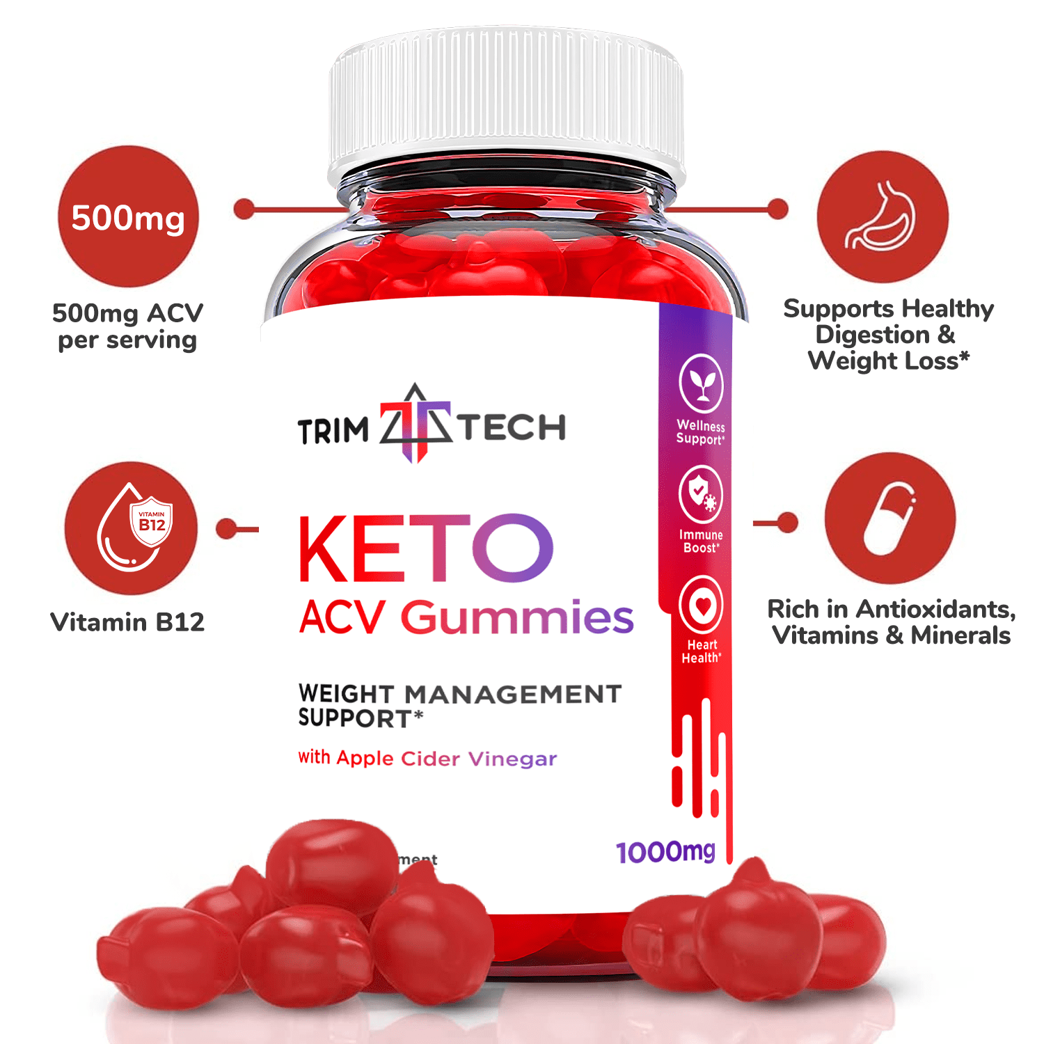 (2 Pack) Trim Tech Keto ACV Gummies - Supplement for Weight Loss - Energy & Focus Boosting Dietary Supplements for Weight Management & Metabolism - Fat Burn - 120 Gummies